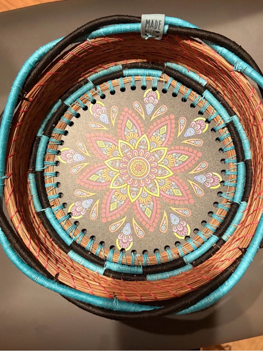 Homemade Turquoise and Pink Decorative Woven pine needle Basket